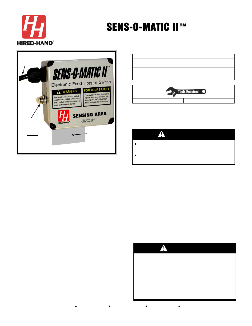 Hired-Hand Sens-O-Matic (Feed Hopper Switch) User Manual | 2 pages