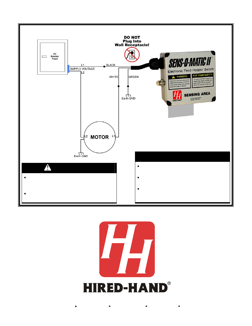 Warning | Hired-Hand Sens-O-Matic (Feed Hopper Switch) User Manual | Page 2 / 2