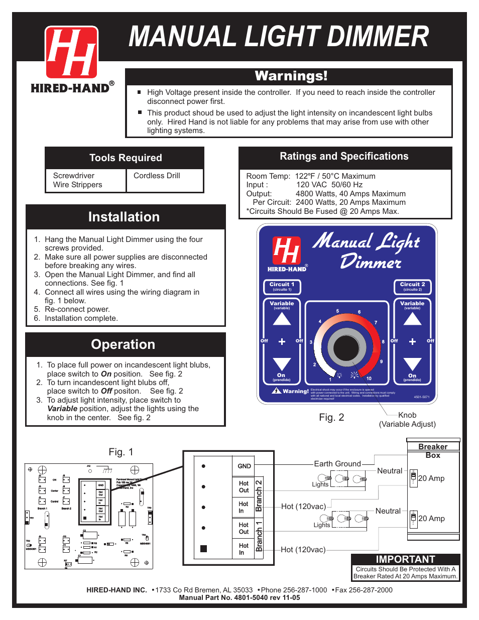 Hired-Hand Manual Light Dimmer User Manual | 2 pages