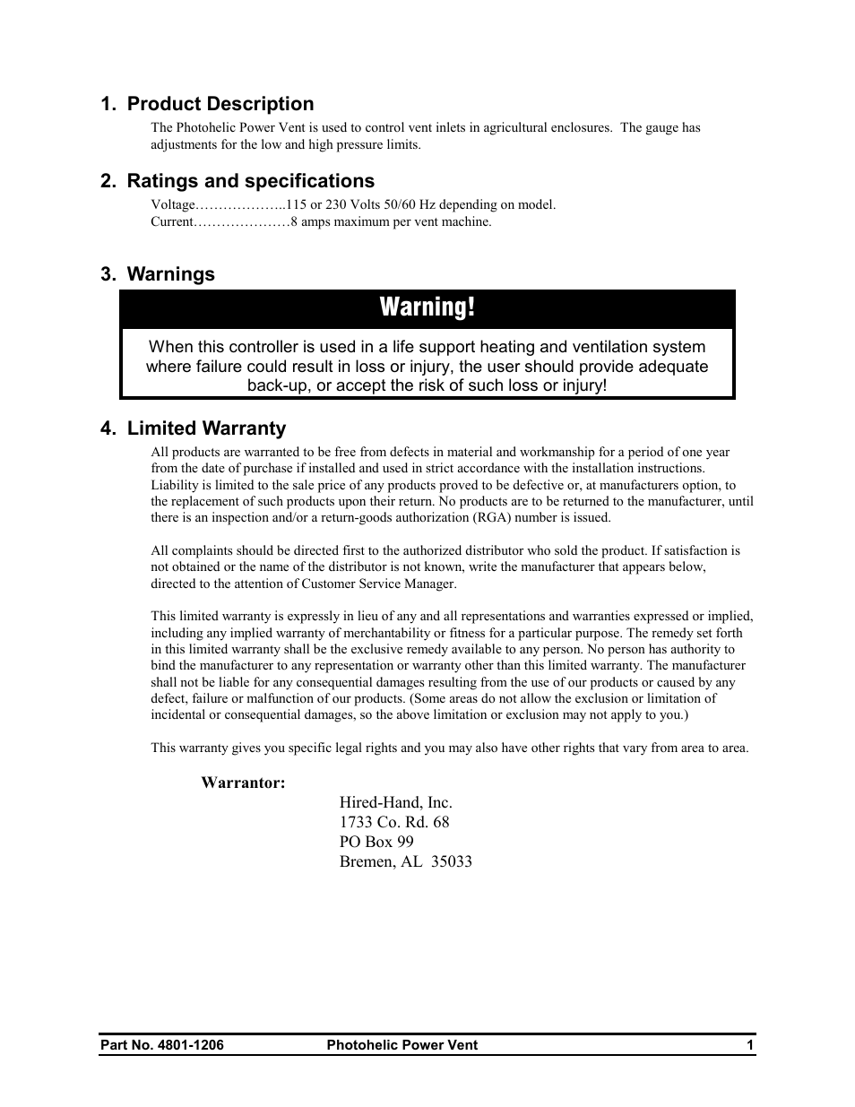 Warning | Hired-Hand Electro Mechanical Controls (Relay-Switches): PHOTOHELIC POWER VENT User Manual | Page 3 / 10