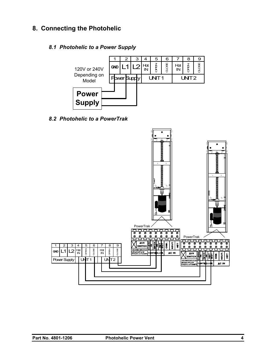 Connecting the photohelic, 1 photohelic to a power supply, 2 photohelic to a powertrak | Power supply, Unit 1 unit 2 | Hired-Hand Electro Mechanical Controls (Relay-Switches): PHOTOHELIC POWER VENT User Manual | Page 6 / 10
