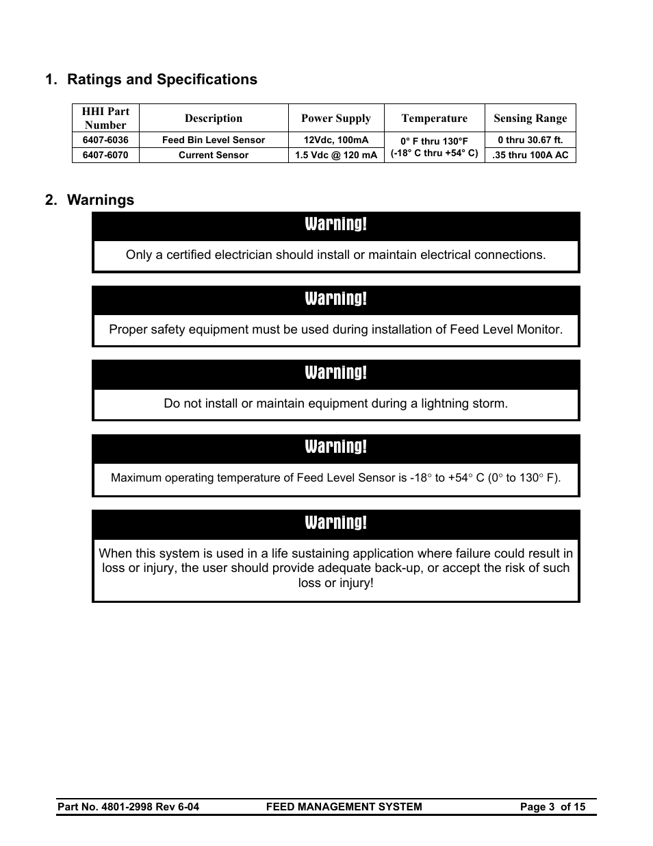 Warning, Ratings and specifications, Warnings | Hired-Hand Feed Management System User Manual | Page 3 / 15