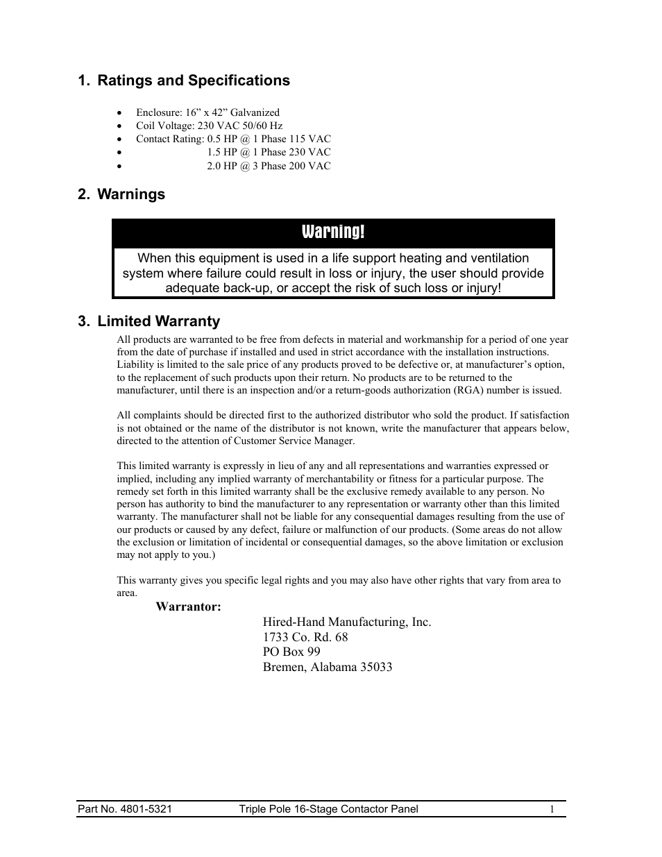 Warning | Hired-Hand Contactor Control System (CCS): Triple Pole 16-Stage User Manual | Page 3 / 7