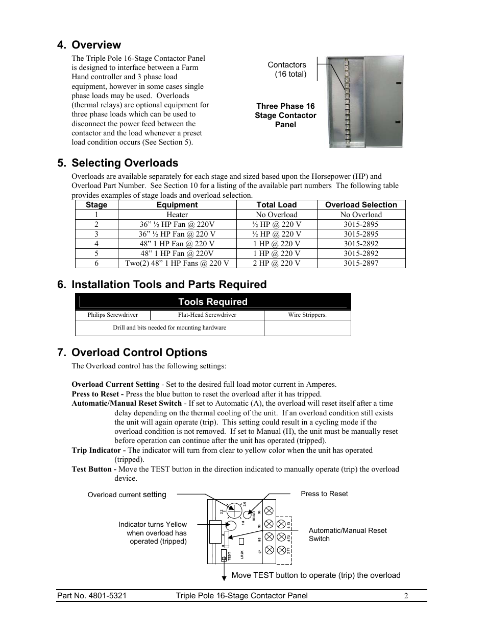 Overview, Selecting overloads, Installation tools and parts required | Overload control options, Tools required | Hired-Hand Contactor Control System (CCS): Triple Pole 16-Stage User Manual | Page 4 / 7