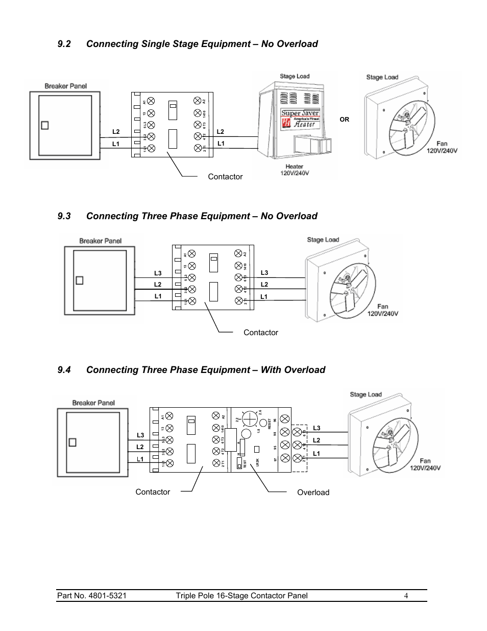 2 connecting single stage equipment – no overload, 3 connecting three phase equipment – no overload, 4 connecting three phase equipment – with overload | Contactor, Contactor overload | Hired-Hand Contactor Control System (CCS): Triple Pole 16-Stage User Manual | Page 6 / 7