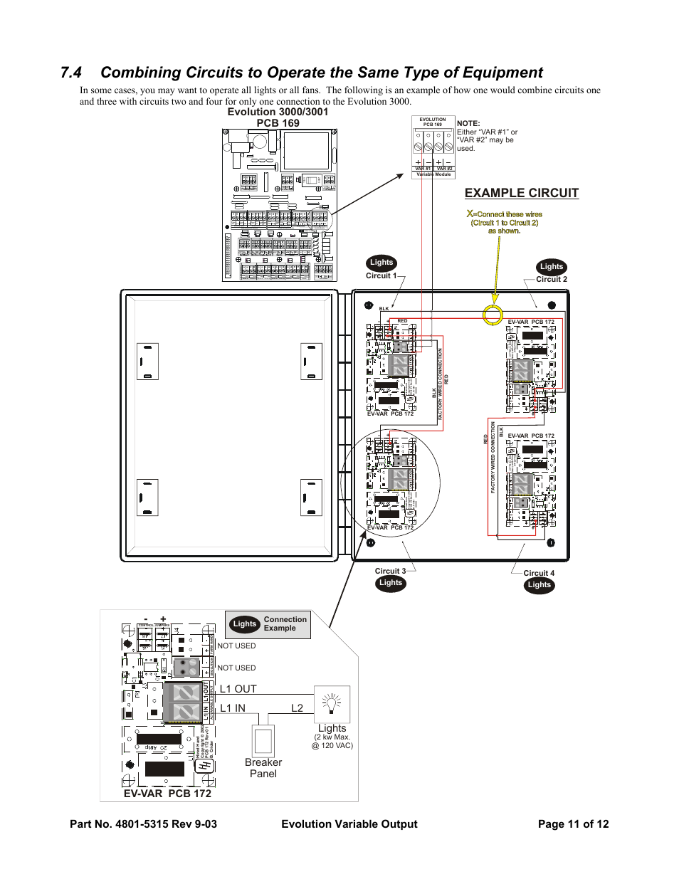 Example circuit, L2 - + l1 in l1 out, Breaker panel lights ev-var pcb 172 | Not used, Circuit 1 lights | Hired-Hand Evolution Series 3000/3001: Variable Output User Manual | Page 11 / 12
