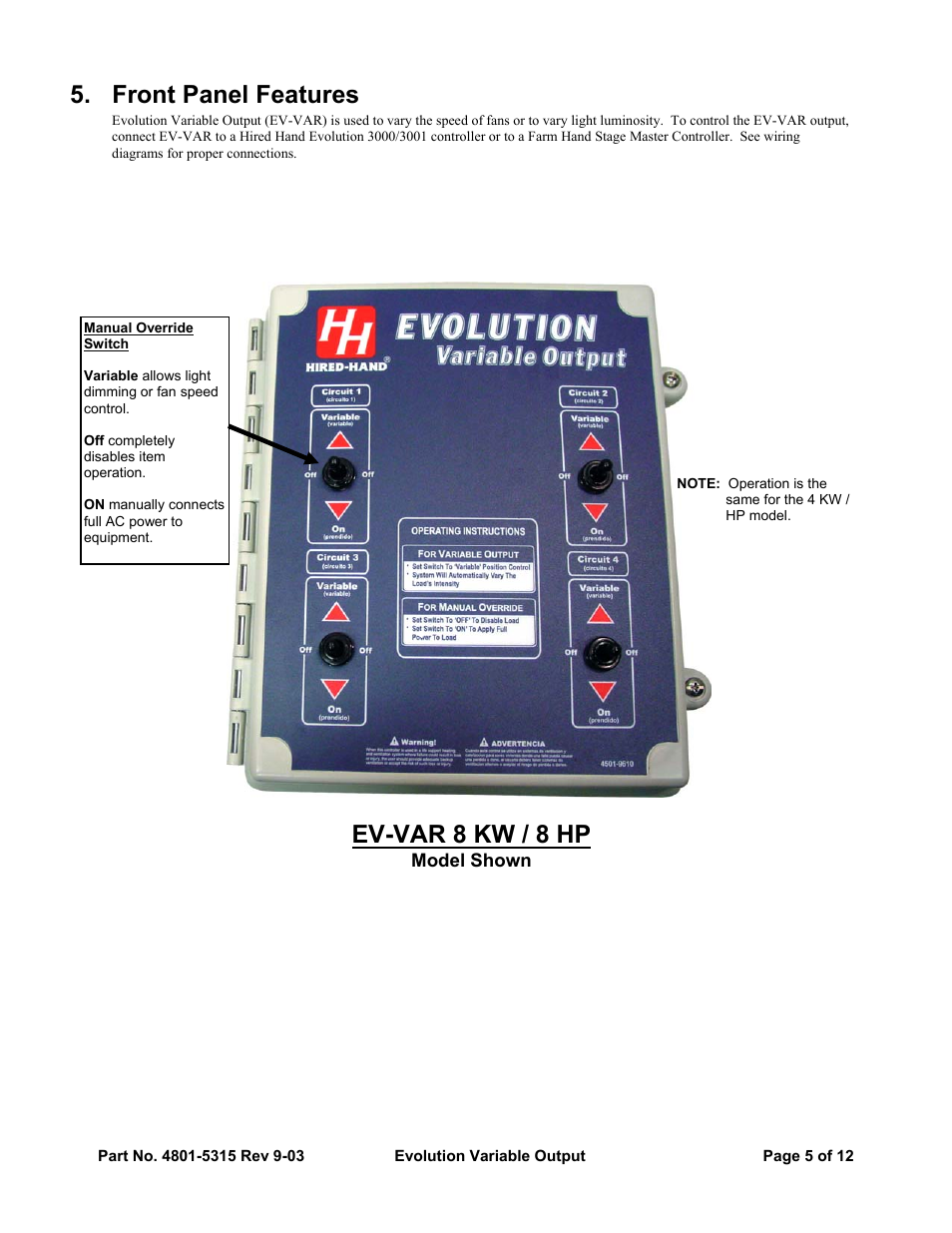 Front panel features, Ev-var 8 kw / 8 hp | Hired-Hand Evolution Series 3000/3001: Variable Output User Manual | Page 5 / 12