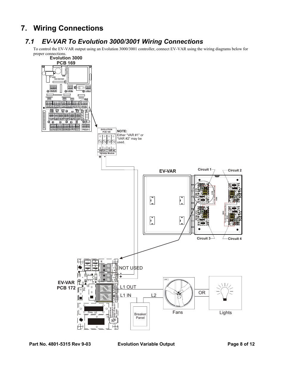 Wiring connections, Ev-var, Fans lights or l2 l1 in l1 out | Ev-var pcb 172 not used | Hired-Hand Evolution Series 3000/3001: Variable Output User Manual | Page 8 / 12