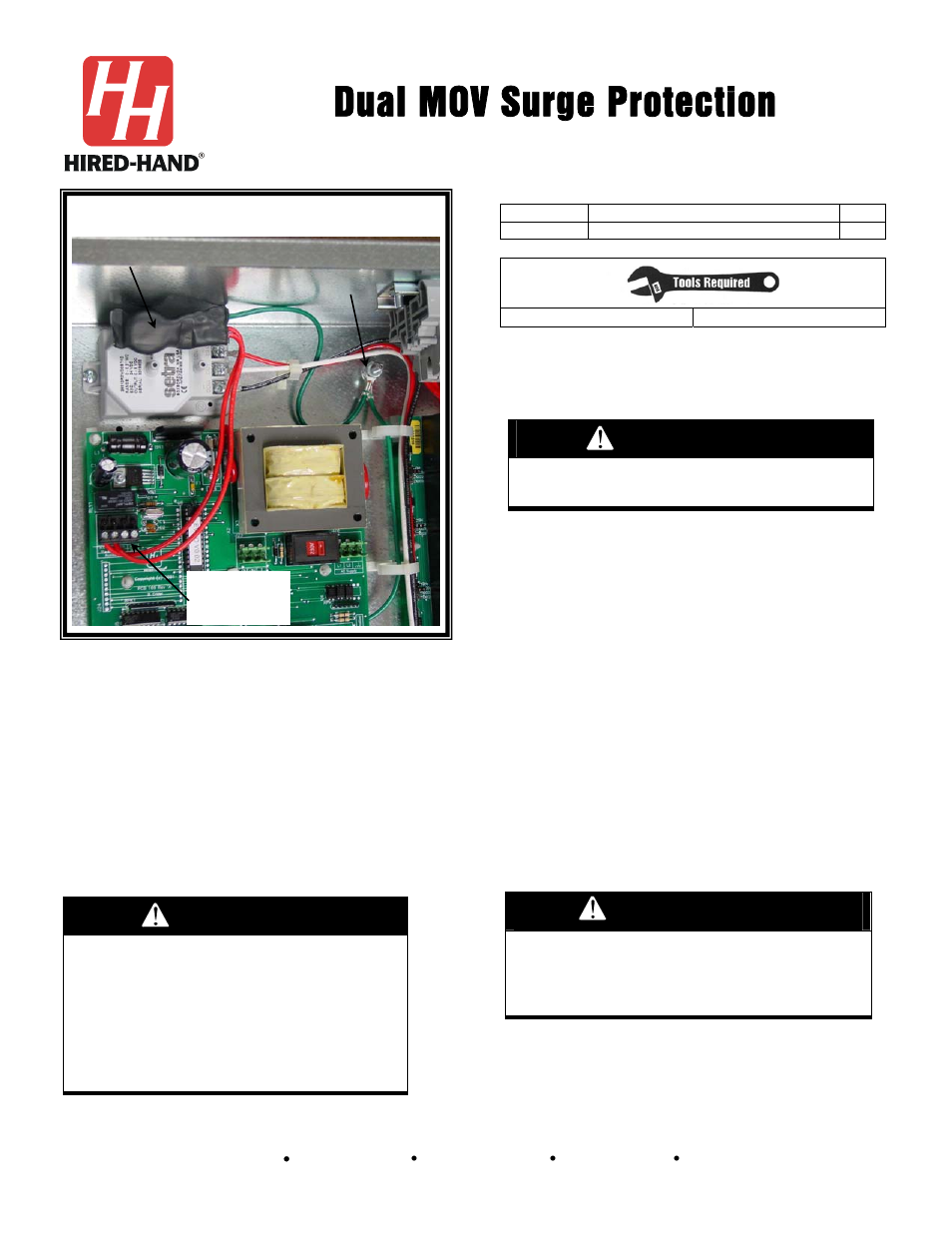Hired-Hand Emergency Back-Up and Alarms: Dual MOV Surge Protection User Manual | 4 pages