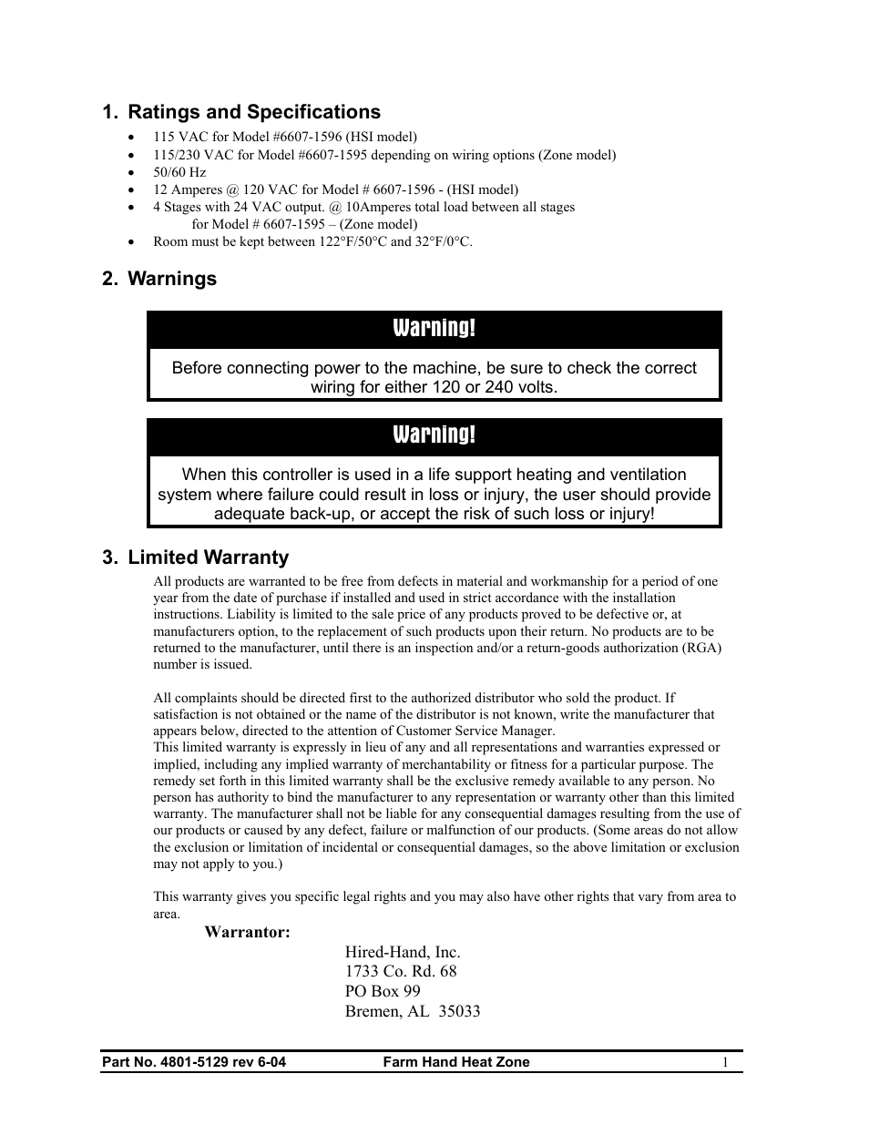 Warning | Hired-Hand Farm Hand Series: Heat Zone User Manual | Page 3 / 23