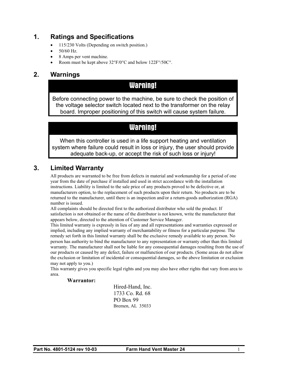 Warning | Hired-Hand Farm Hand Series: Vent Master 24 User Manual | Page 3 / 40