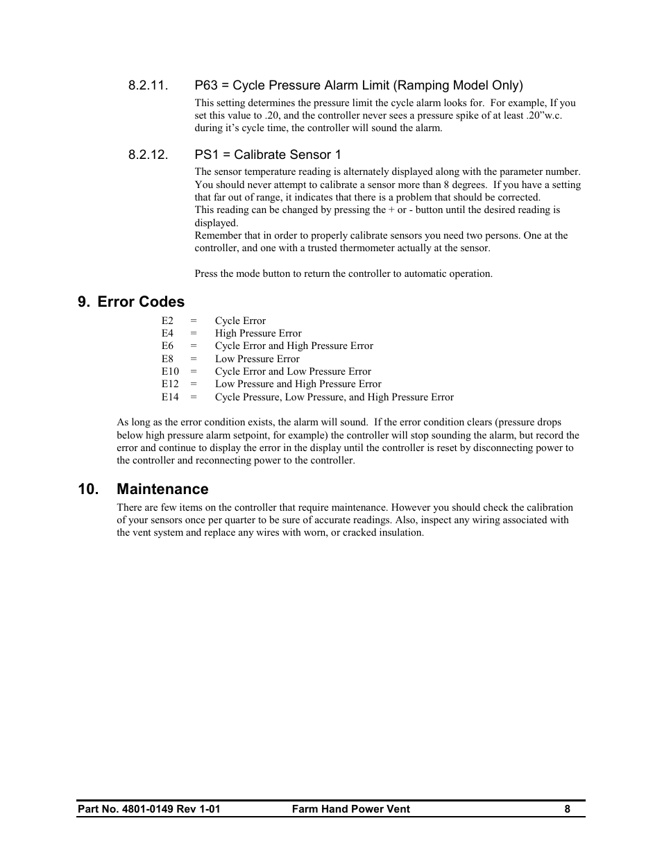 Error codes, Maintenance | Hired-Hand Farm Hand Series: POWER VENT INLET User Manual | Page 10 / 20