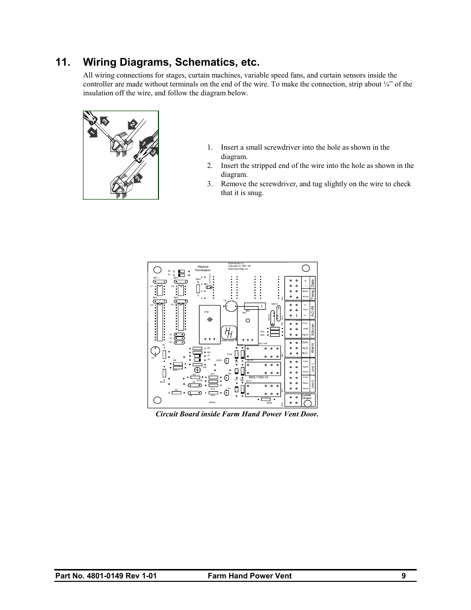 Wiring diagrams, schematics, etc, Circuit board inside farm hand power vent door, Out in adj | Adj in out | Hired-Hand Farm Hand Series: POWER VENT INLET User Manual | Page 11 / 20