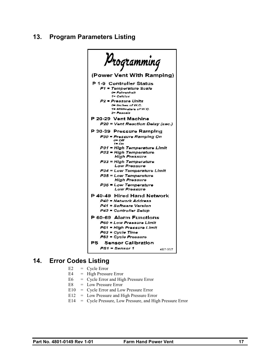 Program parameters listing, Error codes listing | Hired-Hand Farm Hand Series: POWER VENT INLET User Manual | Page 19 / 20