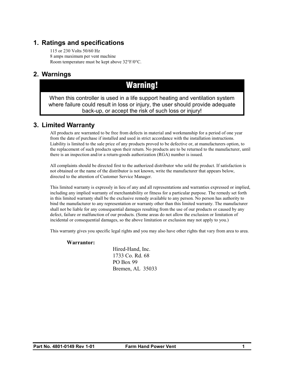 Warning | Hired-Hand Farm Hand Series: POWER VENT INLET User Manual | Page 3 / 20