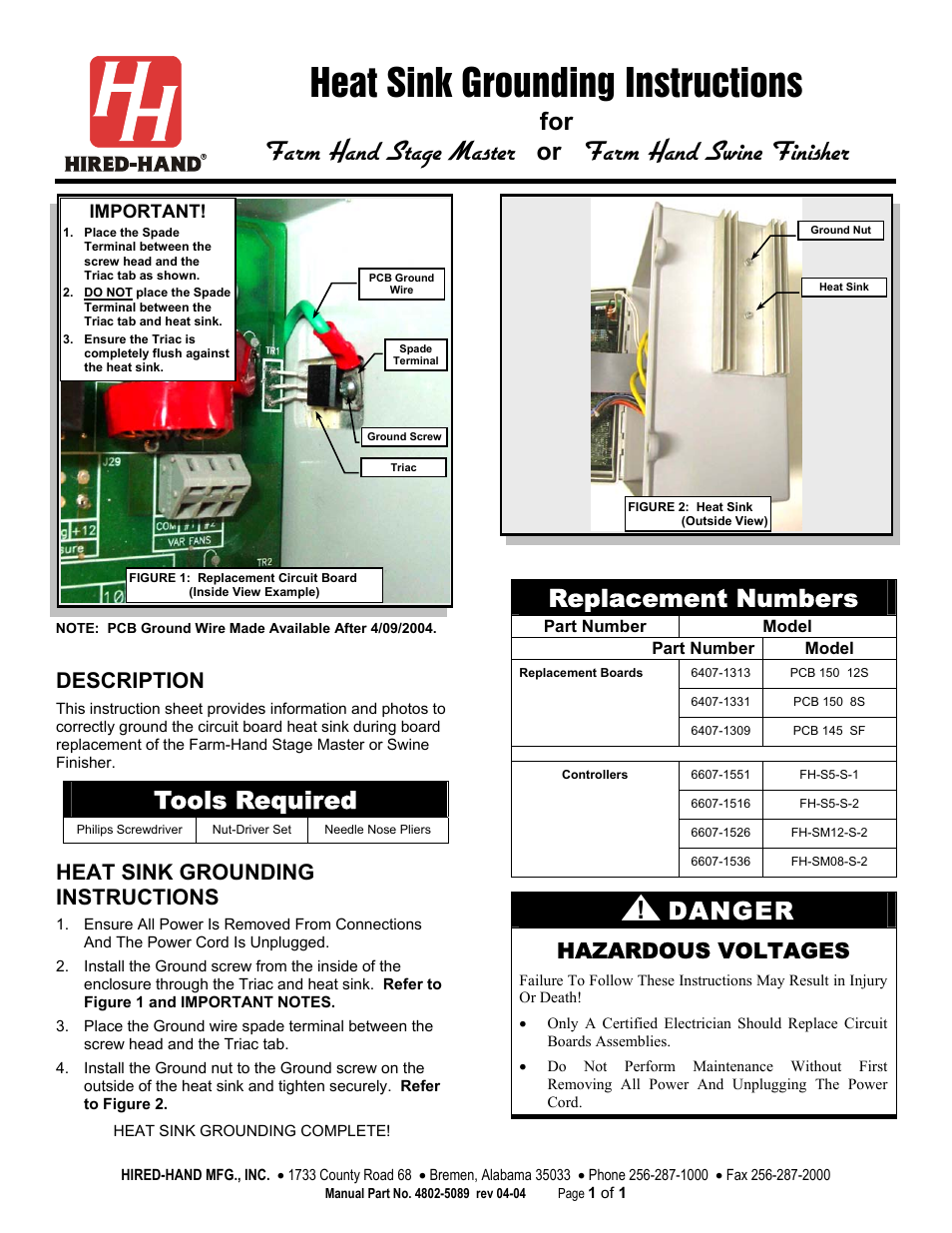 Hired-Hand Farm Hand Series: Heat Sink Grounding Instructions User Manual | 1 page