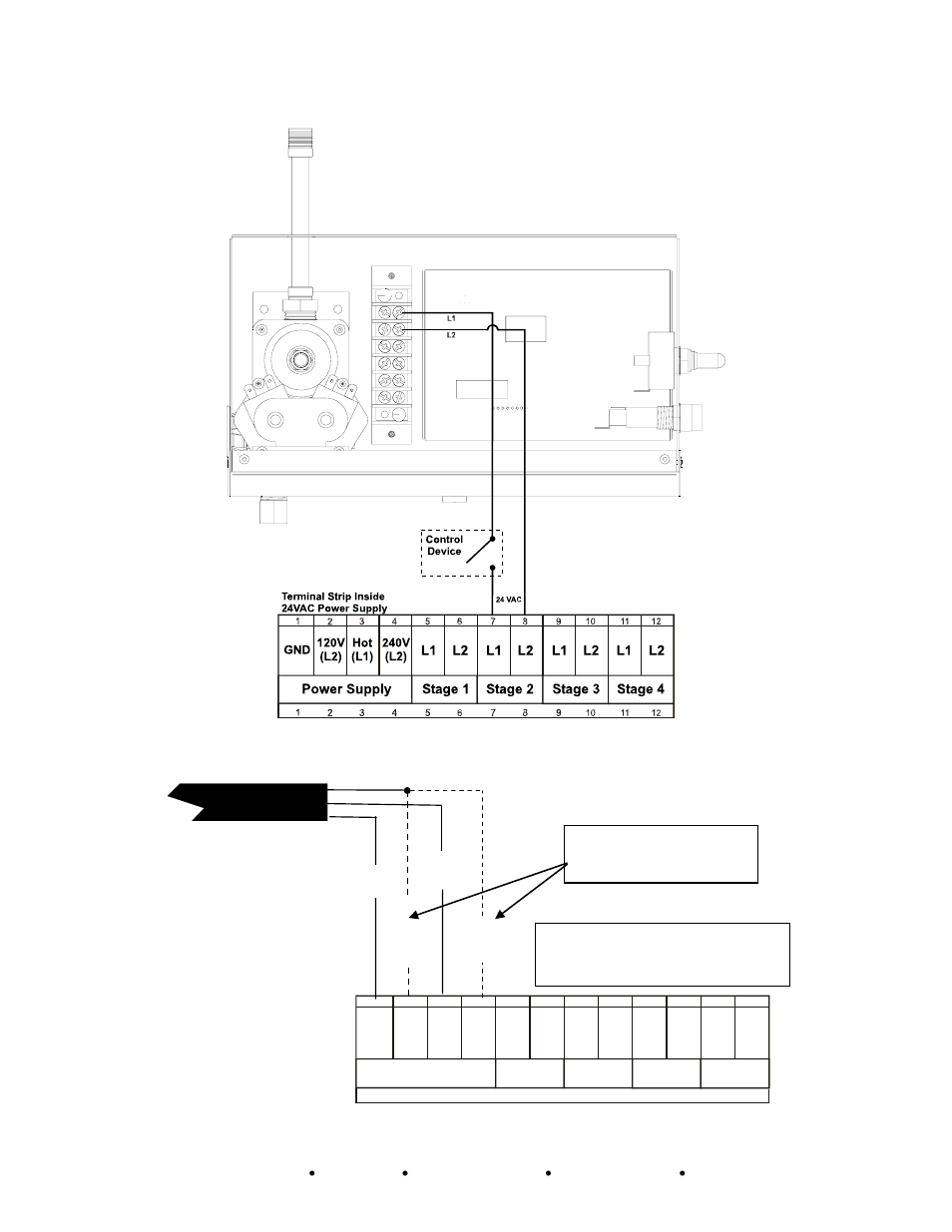 24 vac power supply, Hsi zone brooder wiring to control device, 24 vac power supply wiring | Hsi infrared brooder, Terminal strip inside 24 vac power supply | Hired-Hand Super Glo Brooders (Infrared): 24 Volt AC Power Supply User Manual | Page 3 / 3