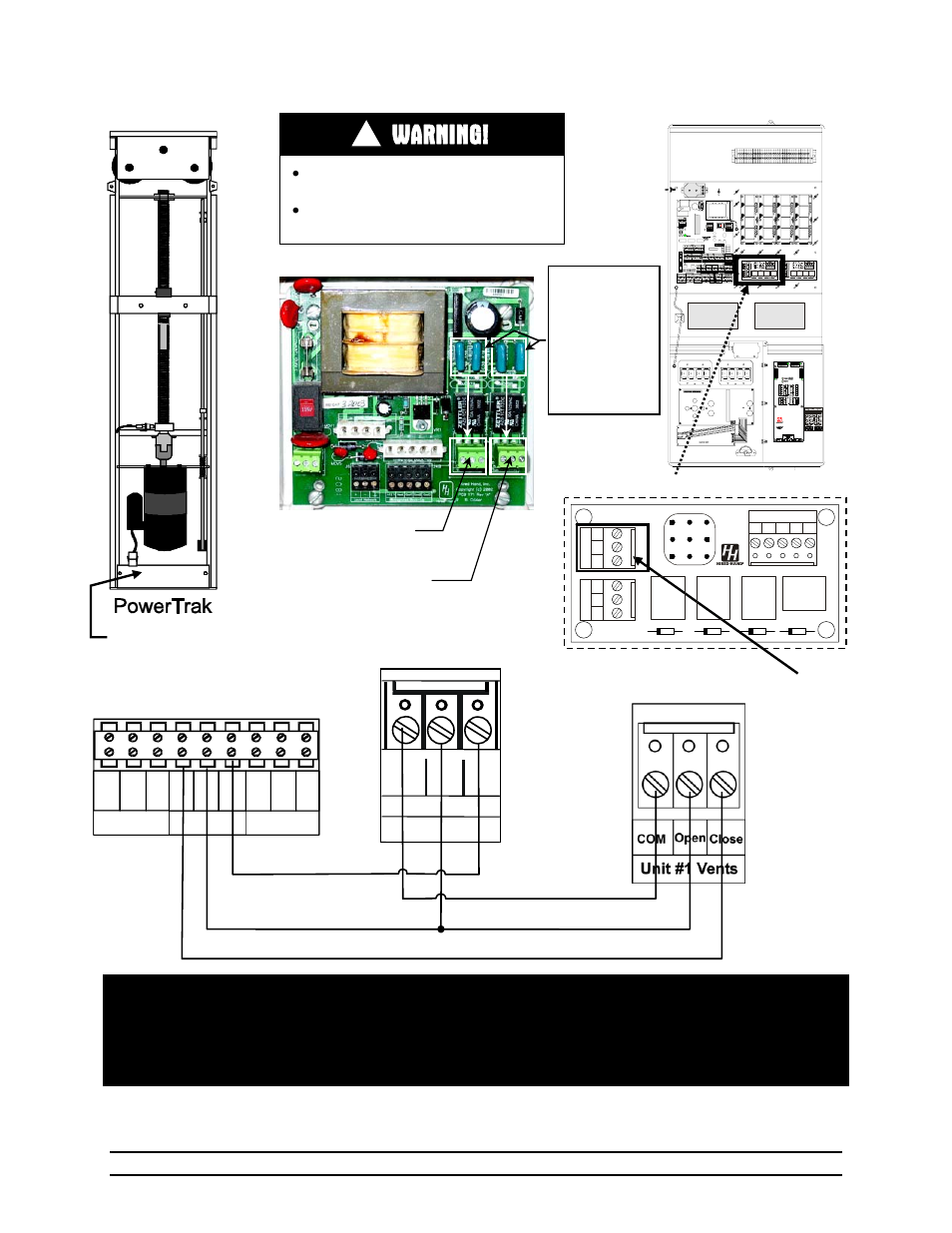 Warning, Powertrak, Inset c unit #2 vents inset a | Inset b vent override, Pcb – 167 power ventilation, Evolution back-up circuit board, Pt hot open close inset a, Vent override com, Inset c, Tunnel override | Hired-Hand Evolution Series 3000/3001 User Manual | Page 53 / 70
