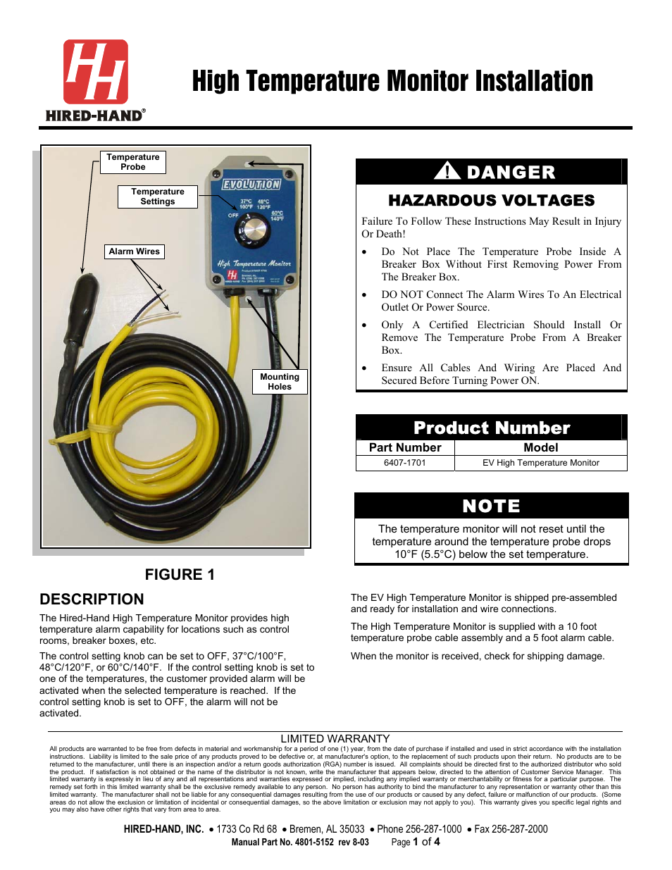 Hired-Hand Emergency Back-Up and Alarms: High Temperature Monitor Installation User Manual | 4 pages