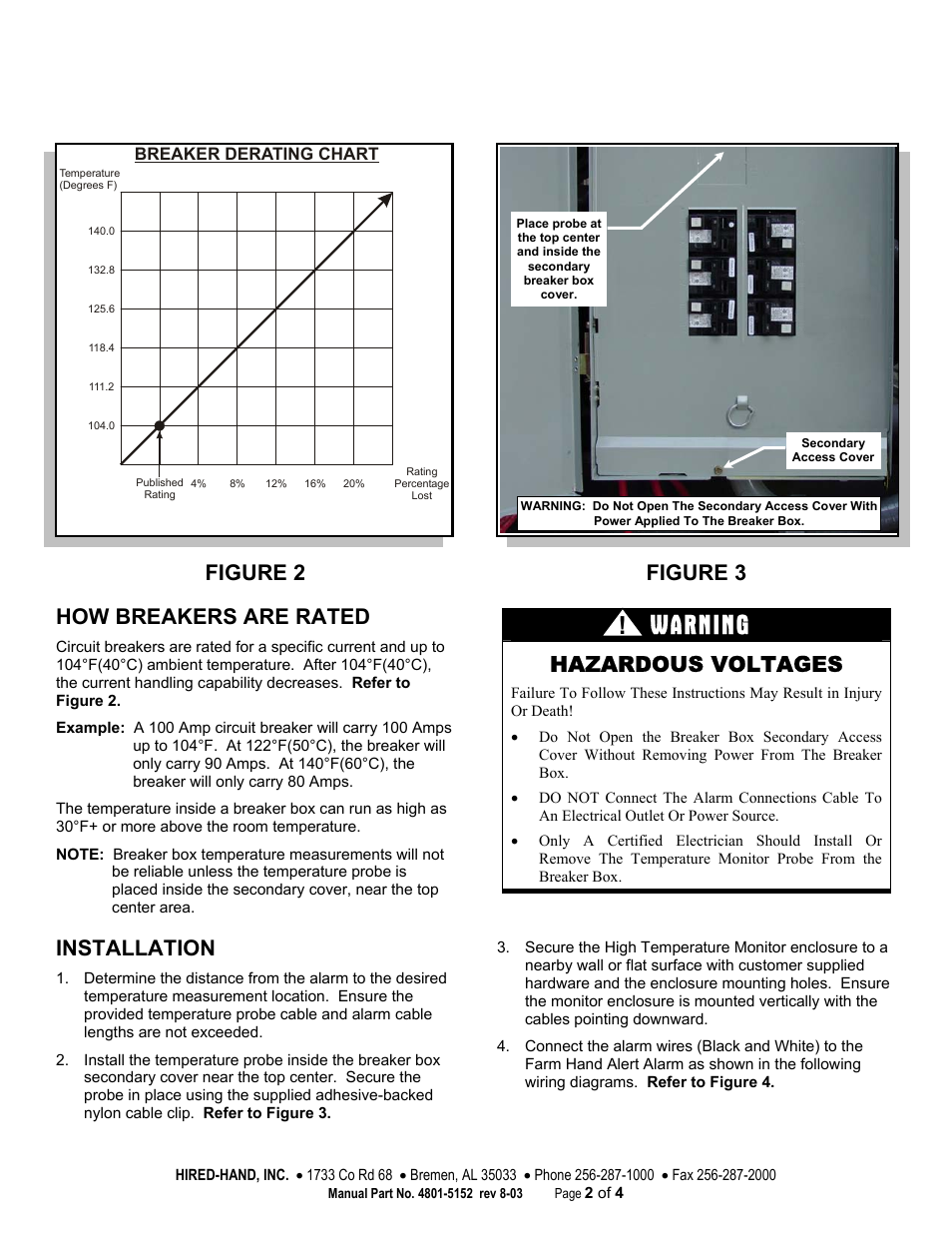 Warning, Figure 2 how breakers are rated, Installation | Figure 3, Hazardous voltages | Hired-Hand Emergency Back-Up and Alarms: High Temperature Monitor Installation User Manual | Page 2 / 4