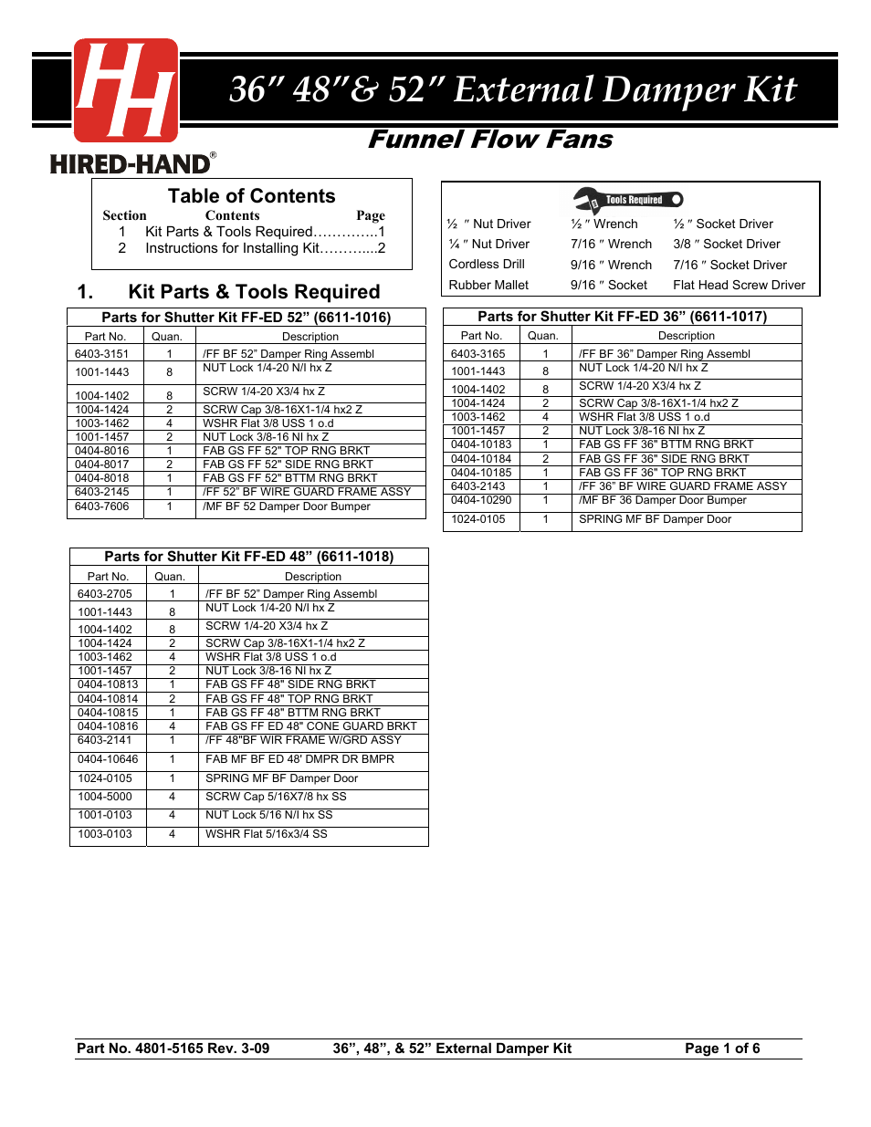 Hired-Hand Funnel Flow Fans: 36 48 & 52 External Damper Kit User Manual | 6 pages