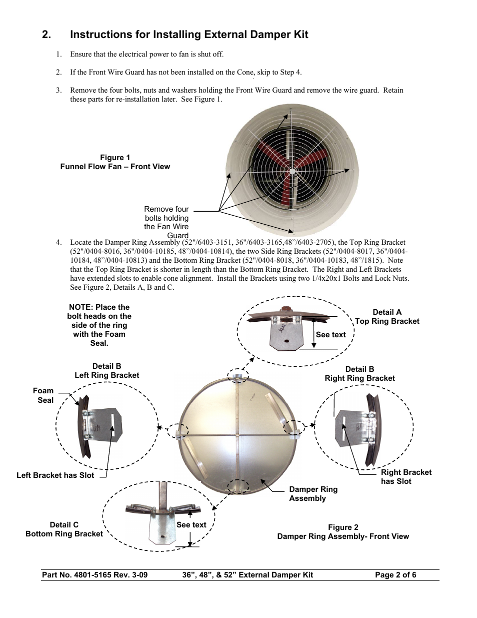 Instructions for installing external damper kit | Hired-Hand Funnel Flow Fans: 36 48 & 52 External Damper Kit User Manual | Page 2 / 6