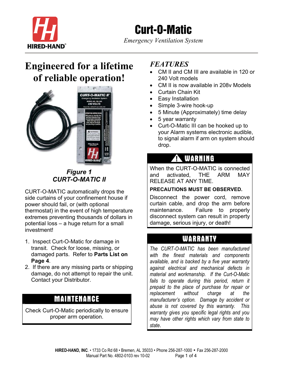 Hired-Hand Curt-O-Matic User Manual | 4 pages