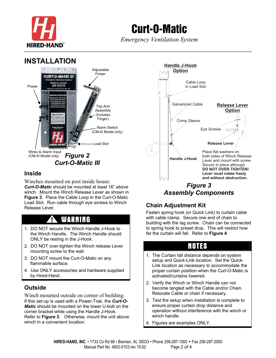 Curt-o-matic, Warning, Installation | Emergency ventilation system, Figure 2 curt-o-matic iii, Figure 3 assembly components, Inside, Outside, Chain adjustment kit | Hired-Hand Curt-O-Matic User Manual | Page 2 / 4