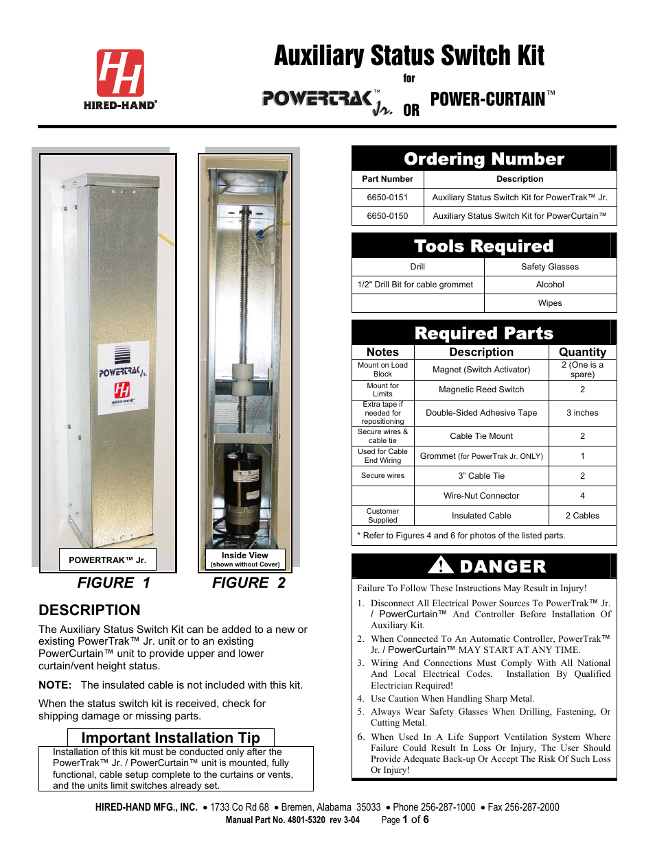Hired-Hand PowerTrak: Auxiliary Status Switch Kit User Manual | 6 pages