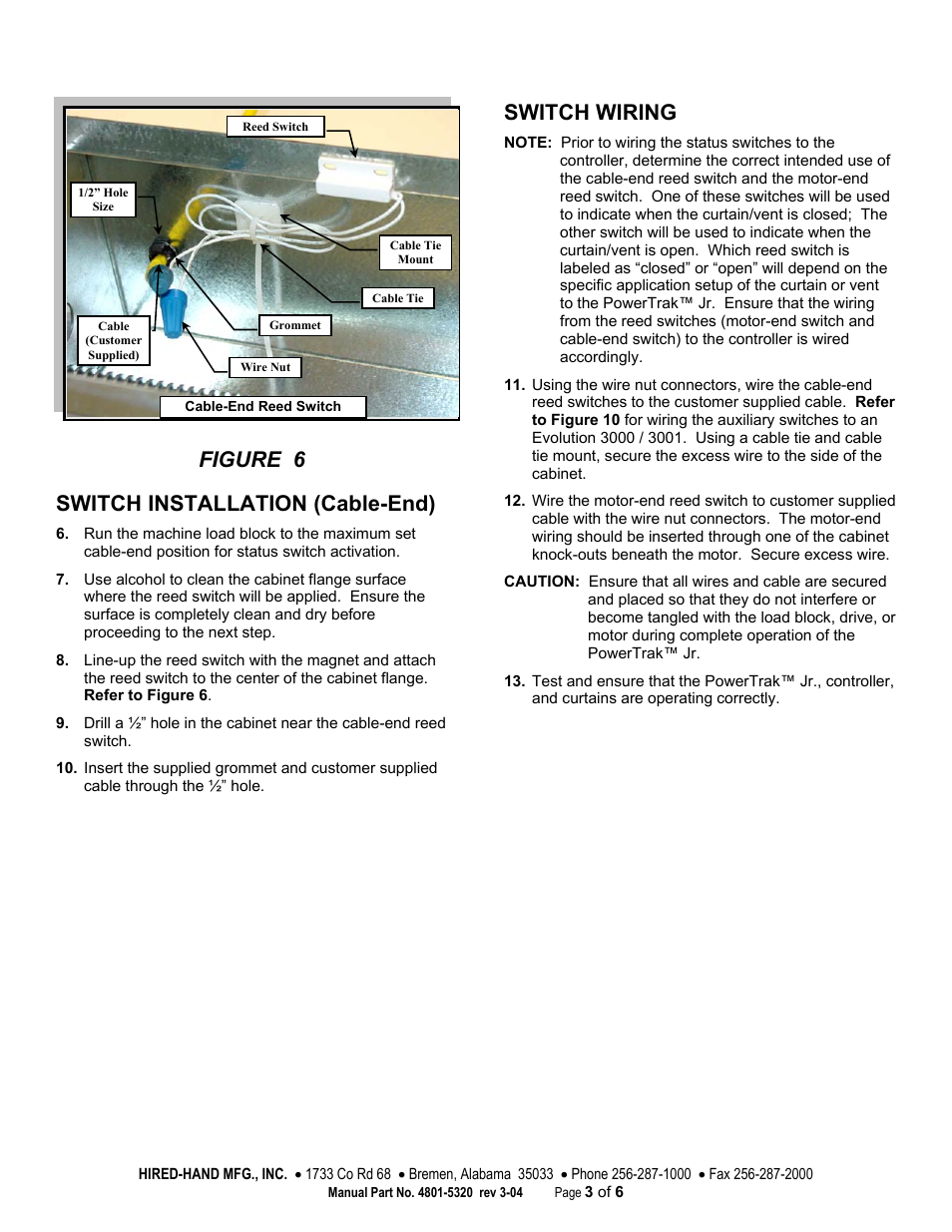 Figure 6, Switch installation (cable-end), Switch wiring | Hired-Hand PowerTrak: Auxiliary Status Switch Kit User Manual | Page 3 / 6