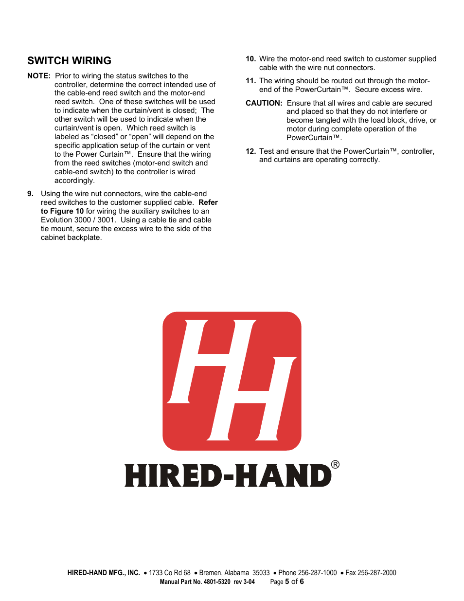 Switch wiring | Hired-Hand PowerTrak: Auxiliary Status Switch Kit User Manual | Page 5 / 6