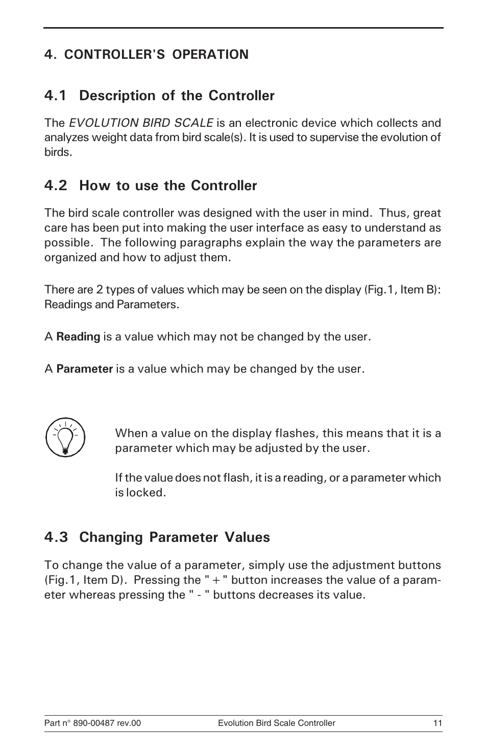 1 description of the controller, 2 how to use the controller, 3 changing parameter values | Hired-Hand Evolution Series Bird Scale Manual User Manual | Page 11 / 47