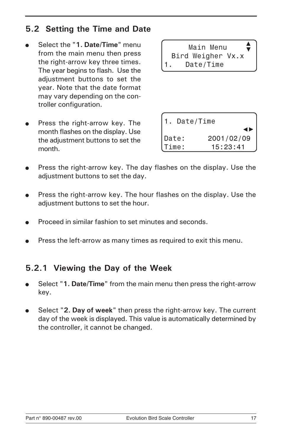 2 setting the time and date, 1 viewing the day of the week | Hired-Hand Evolution Series Bird Scale Manual User Manual | Page 17 / 47