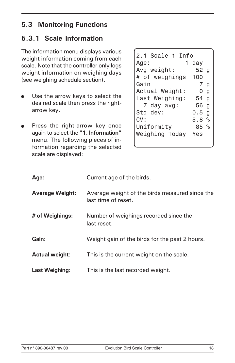 3 monitoring functions 5.3.1 scale information | Hired-Hand Evolution Series Bird Scale Manual User Manual | Page 18 / 47