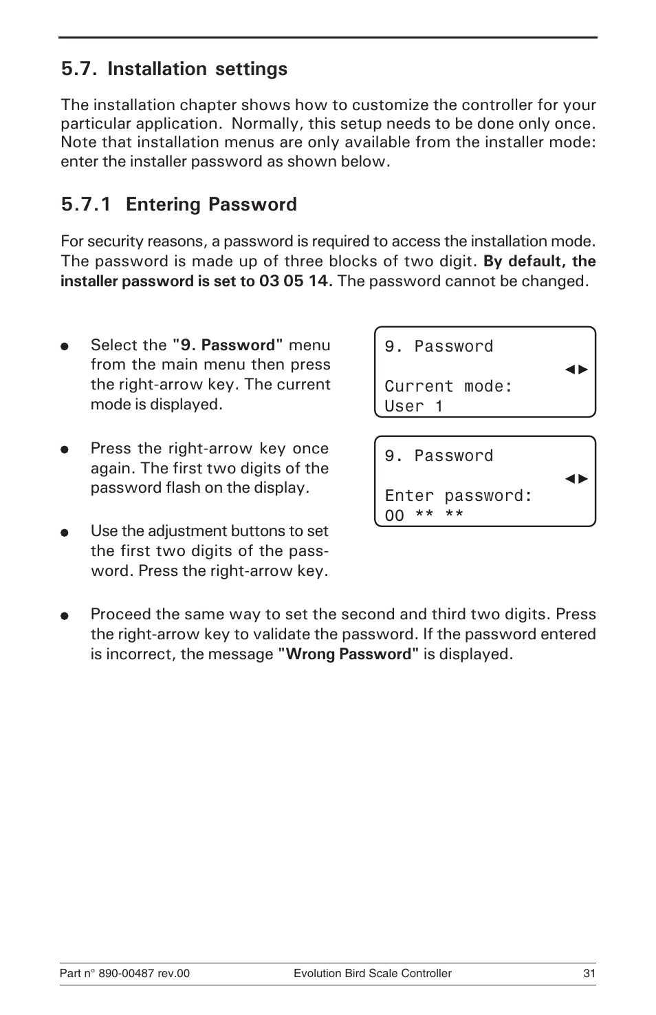 Installation settings, 1 entering password | Hired-Hand Evolution Series Bird Scale Manual User Manual | Page 31 / 47