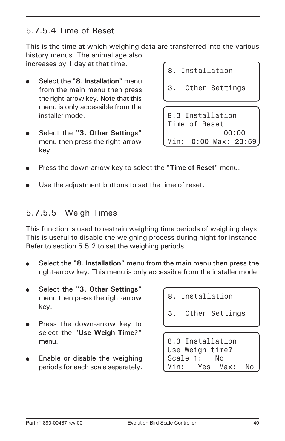 4 time of reset, 5 weigh times | Hired-Hand Evolution Series Bird Scale Manual User Manual | Page 40 / 47