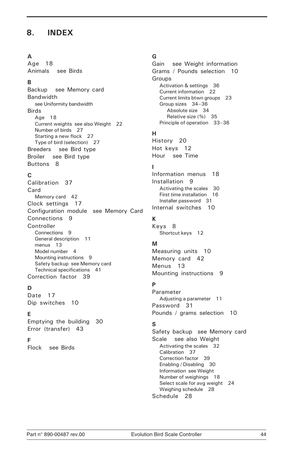 Index | Hired-Hand Evolution Series Bird Scale Manual User Manual | Page 44 / 47