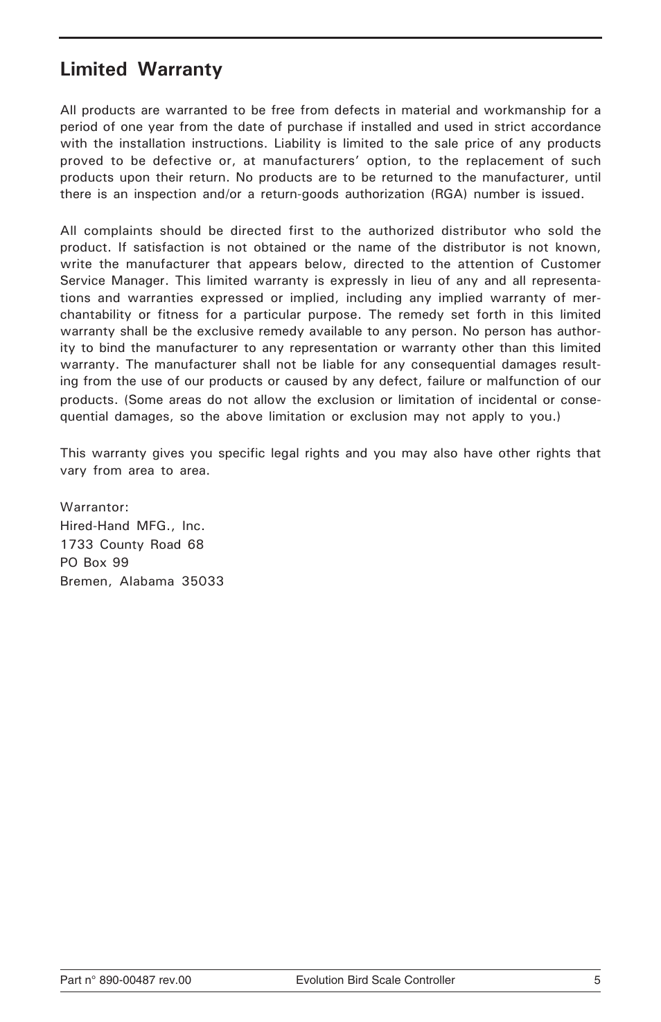 Limited warranty | Hired-Hand Evolution Series Bird Scale Manual User Manual | Page 5 / 47
