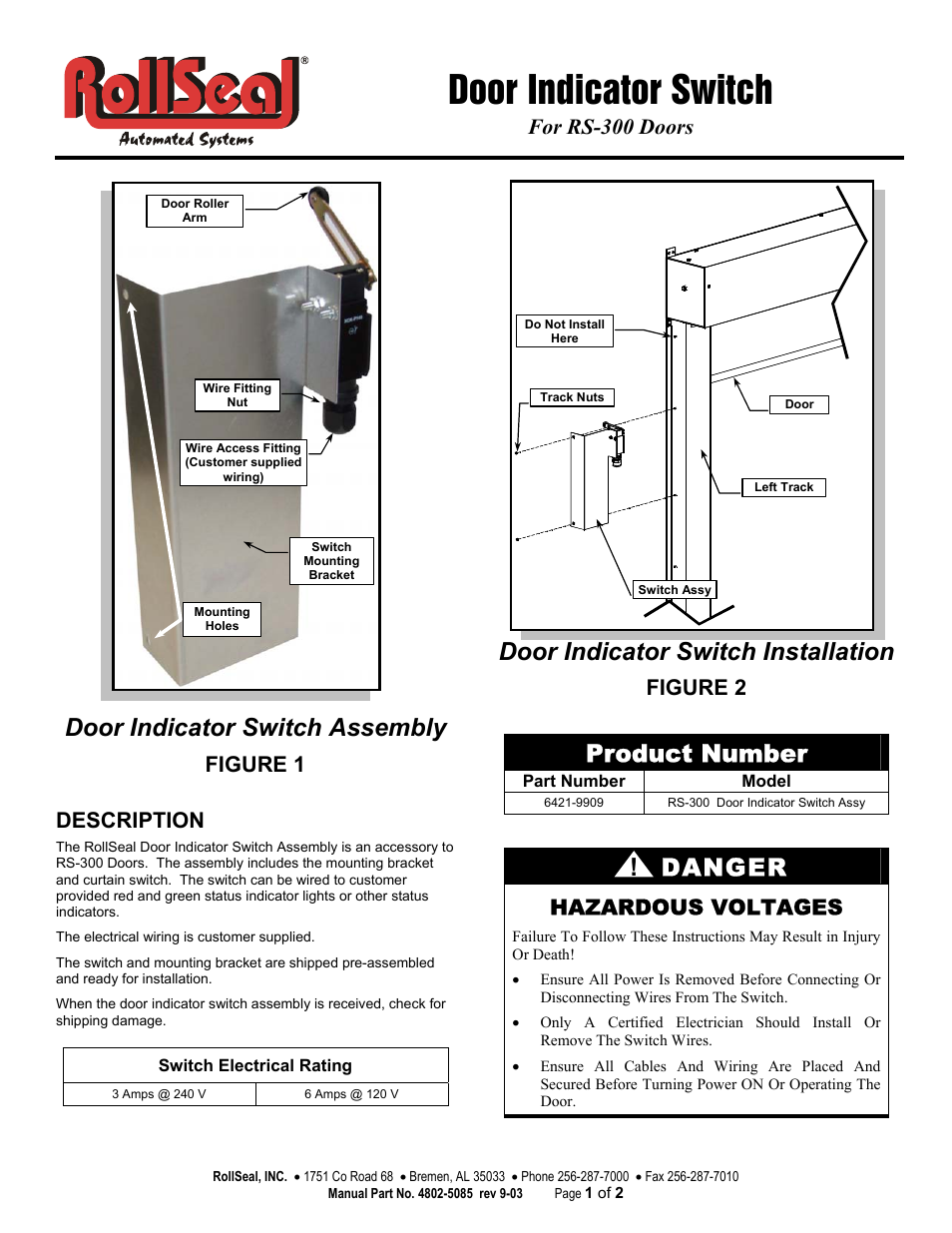 Hired-Hand RS-300 Door: Indicator Switch User Manual | 2 pages