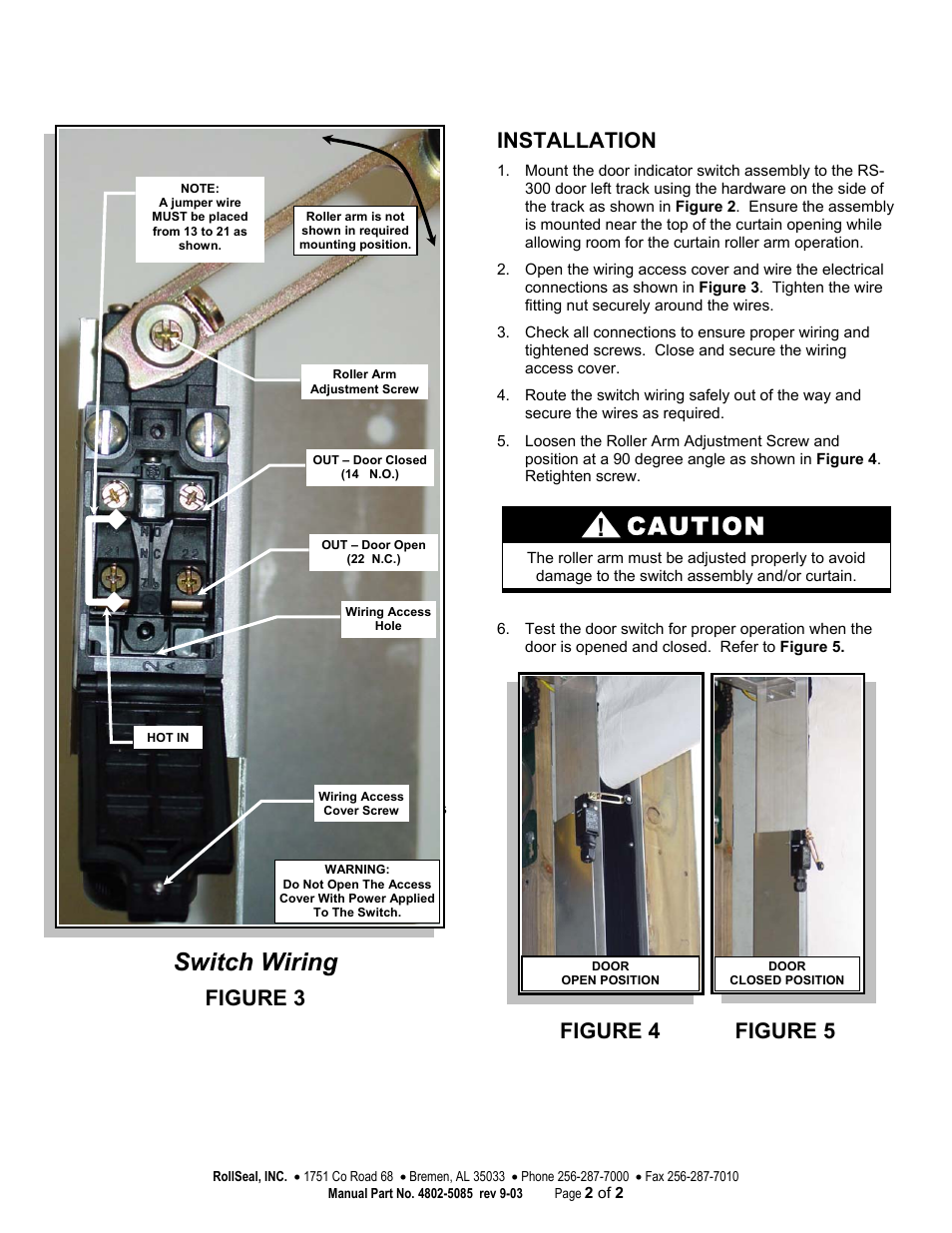 Switch wiring, Caution, Figure 2 how breakers are rated | Figure 3, Installation, Figure 4 figure 5 | Hired-Hand RS-300 Door: Indicator Switch User Manual | Page 2 / 2