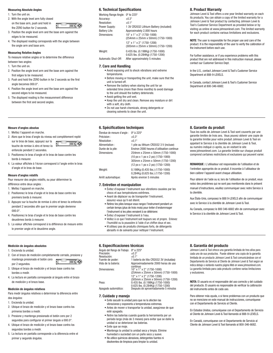 Technical specifications, Product warranty, Spécifications techniques | Garantie du produit, Especificaciones técnicas, Garantía del producto | Johnson Level & Tool Mfg. 1750-1200 User Manual | Page 2 / 2