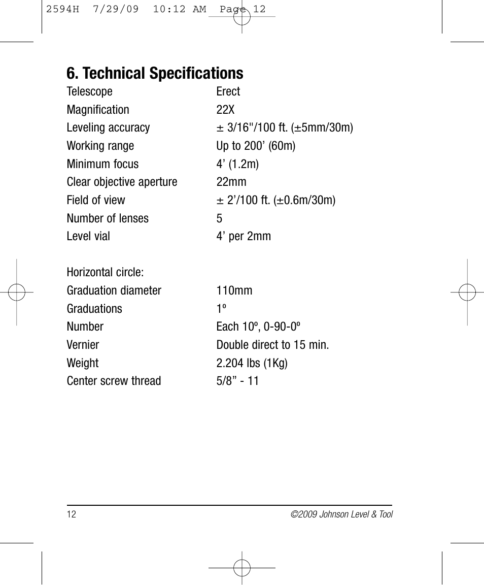 Technical specifications | Johnson Level & Tool Mfg. 40-6902 User Manual | Page 12 / 16