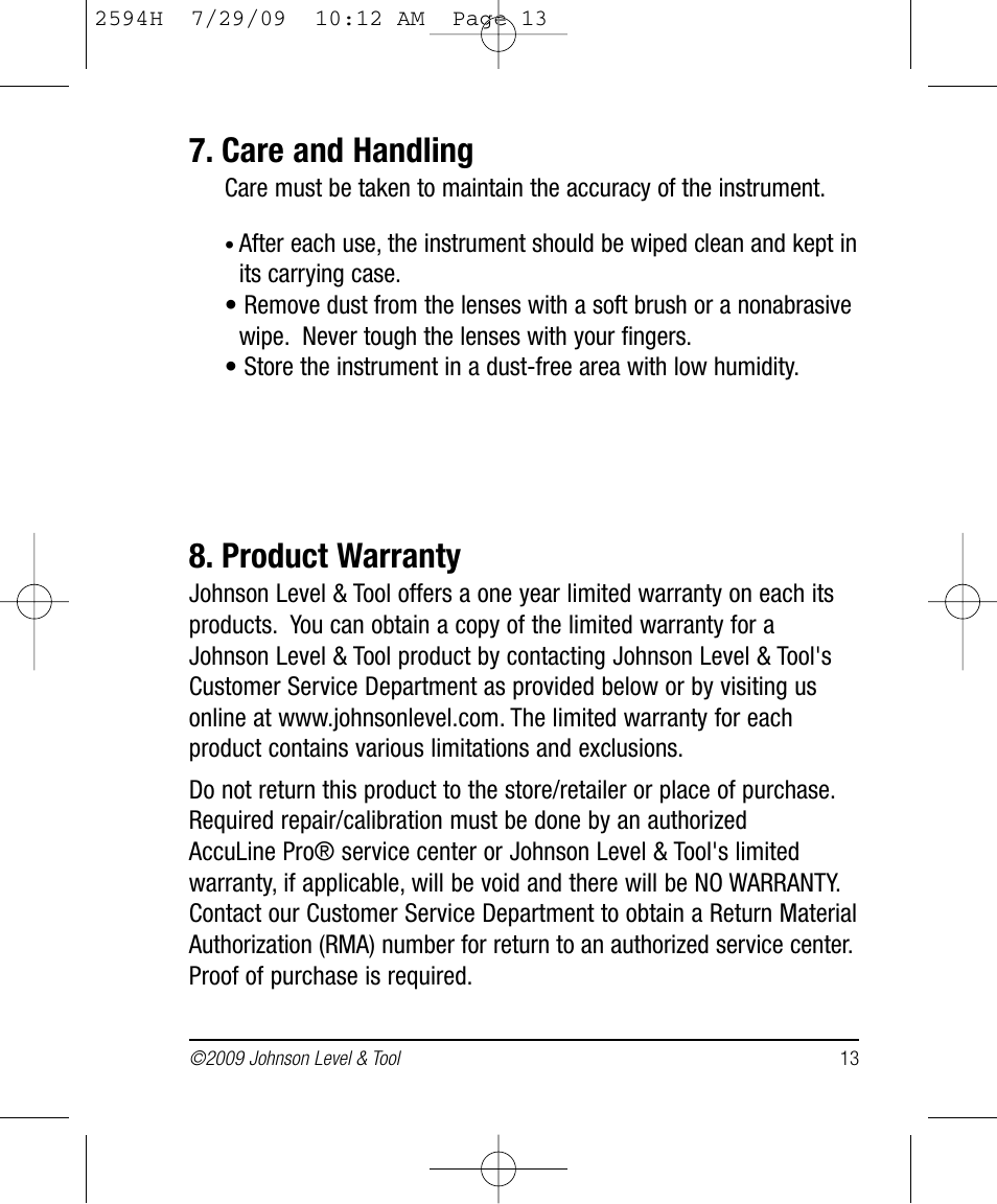 Care and handling, Product warranty | Johnson Level & Tool Mfg. 40-6902 User Manual | Page 13 / 16