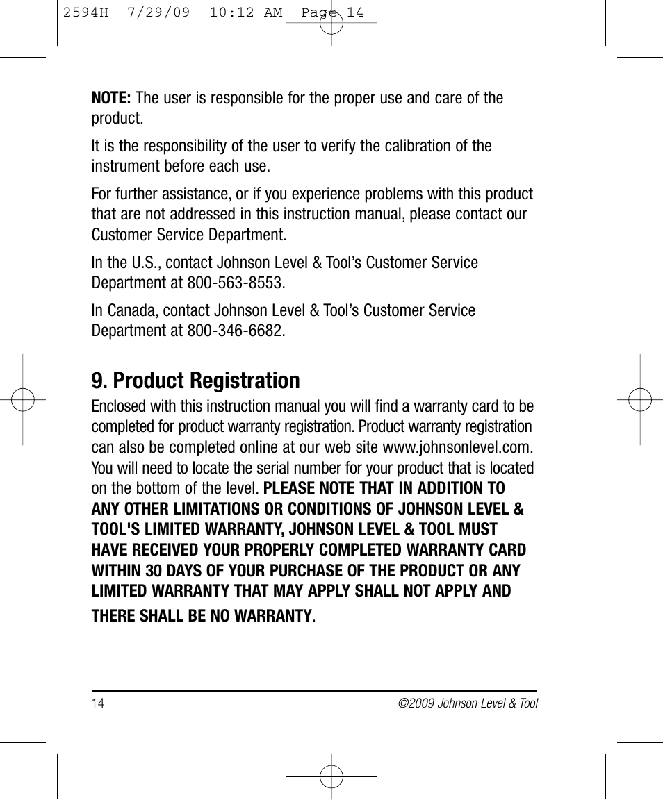 Product registration | Johnson Level & Tool Mfg. 40-6902 User Manual | Page 14 / 16