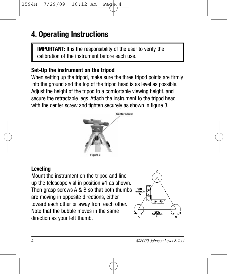 Operating instructions | Johnson Level & Tool Mfg. 40-6902 User Manual | Page 4 / 16
