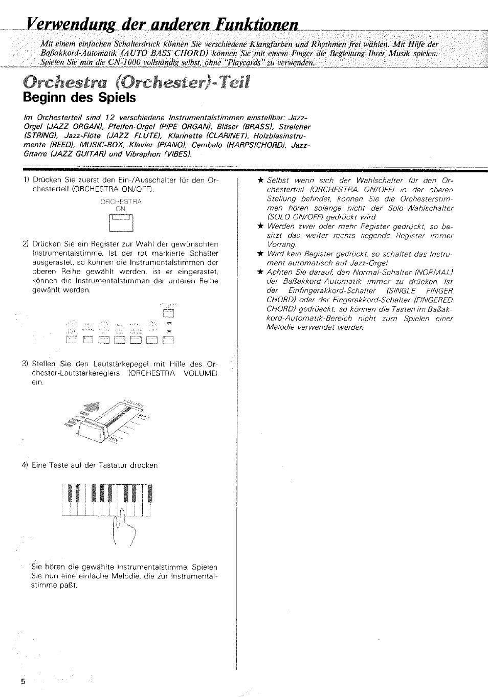 Ve^endung der andemtllm, Beginn des spiels, Orchestra (orchester)-teil | Yamaha CN-1000 User Manual | Page 10 / 30