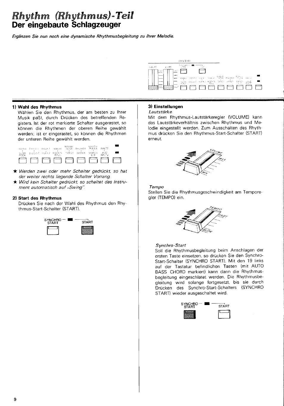 Der eingebaute schlagzeuger, 1) wahl des rhythmus, 2) start des rhythmus | 3) einstellungen, Rhythm, Rhythmus)-teil | Yamaha CN-1000 User Manual | Page 14 / 30