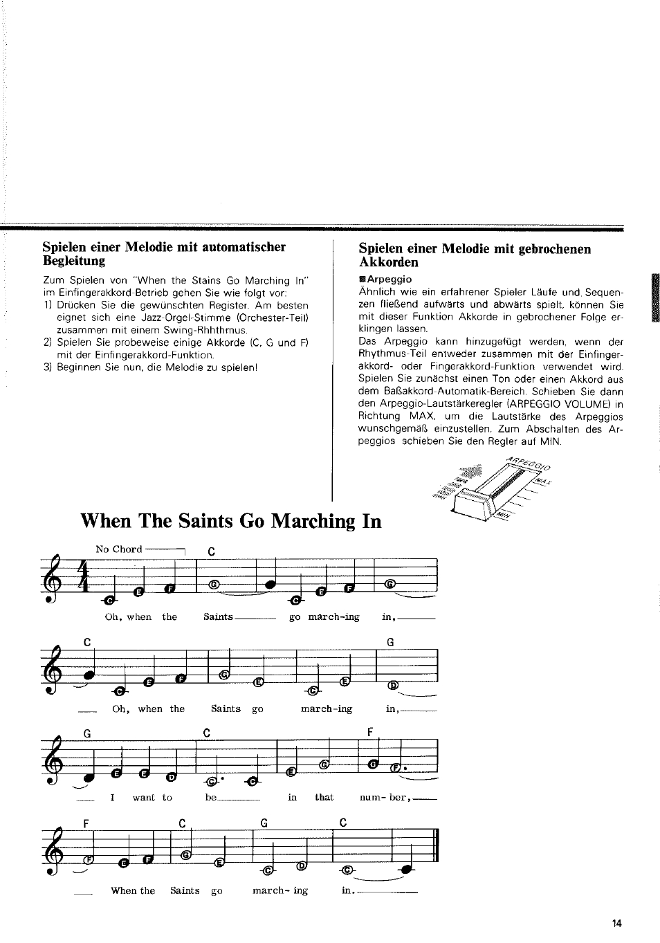 Spielen einer melodie mit automatischer begleitung, Spielen einer melodie mit gebrochenen akkorden, When the saints go marching in | Yamaha CN-1000 User Manual | Page 19 / 30