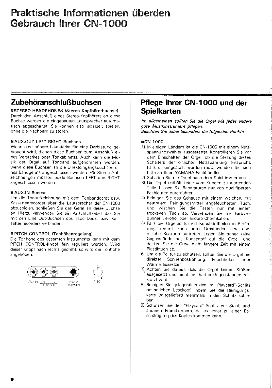 Zubehöranschlußbuchsen, Pflege ihrer cn-1000 und der spielkarten, Praktische informationen | Cn-1000, Überden gebrauch ihrer | Yamaha CN-1000 User Manual | Page 20 / 30