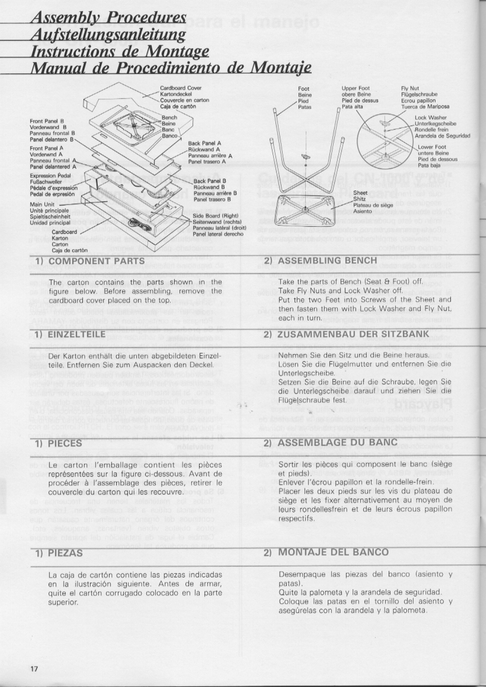 1) component parts, 2) assembling bench, 1) einzelteile | 2) zusammenbau der sitzbank, 1) pieces, 2) assemblage du banc, 1) piezas 2) montaje del &àncû | Yamaha CN-1000 User Manual | Page 22 / 30